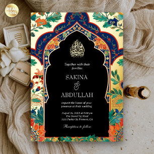 Persischer Floral Inlay Black Muslim Wedding Gold Folieneinladung