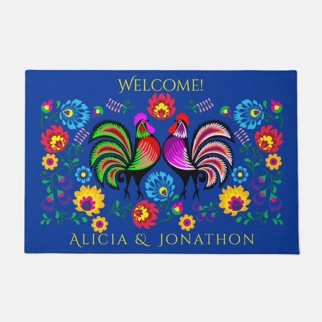 Persoalized bunte Volkskunst-Hähne und Blumen Fußmatte (Vorderseite)