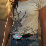 Persoalized Pink Flamingo Vintag Floral Buckle Ovale Gürtelschnalle<br><div class="desc">Rosa Flamingo Vintage Aquamarine Blumengürtel</div>
