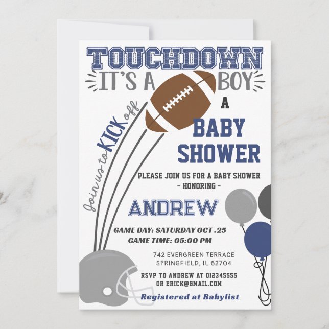 Persoanal Touchdown Navy Blue Football Baby Dusche Einladung (Vorderseite)