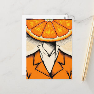 Person mit einer Orangenscheibe als Kopf Postkarte