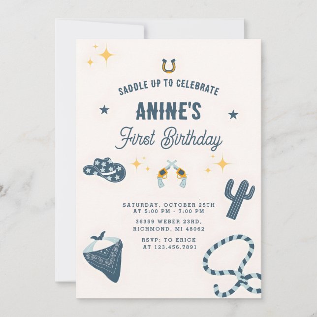 Personal 1st Birthday CowBoy Wild West Einladung (Vorderseite)