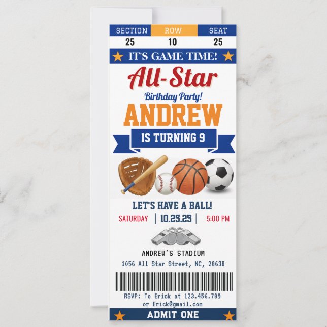 Personal All Star Sport Birthday Ticket for kid Einladung (Vorderseite)
