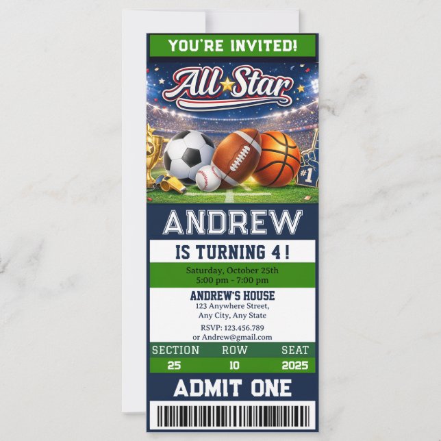 Personal All Star Sports Ticket Birthday Einladung (Vorderseite)