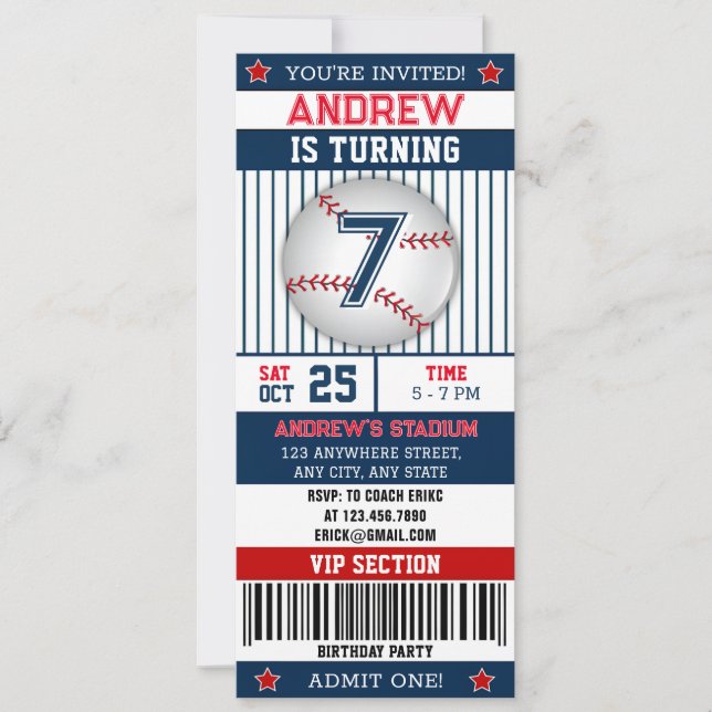 Personal Baseball Sports Ticket Style für Junge Einladung (Vorderseite)