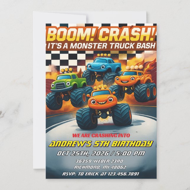 Personal Boom Crash Monster Truck Geburtstag Einladung (Vorderseite)