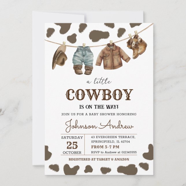 Personal Brown Cowboy Baby Dusche Einladung (Vorderseite)