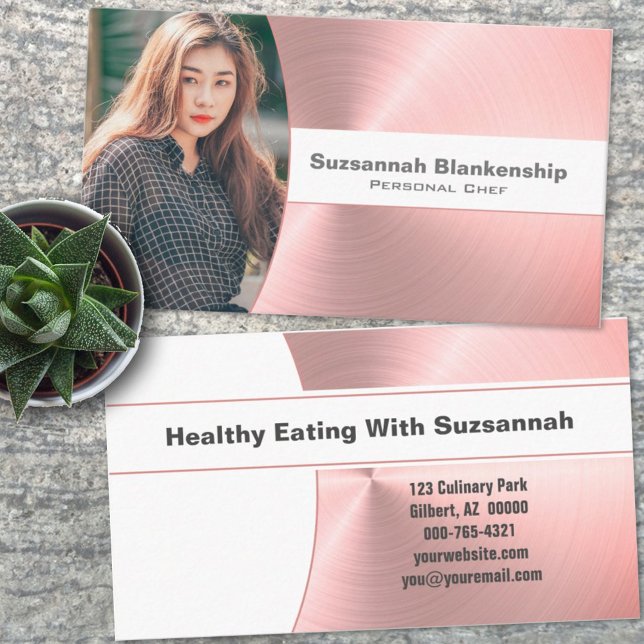 Personal Chef Brushed Pink Metal Custom Photo Visitenkarte (Von Creator hochgeladen)