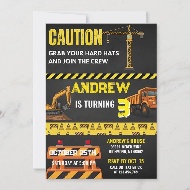 Personal Construction Yellow Building Birthday  Einladung (Vorderseite)