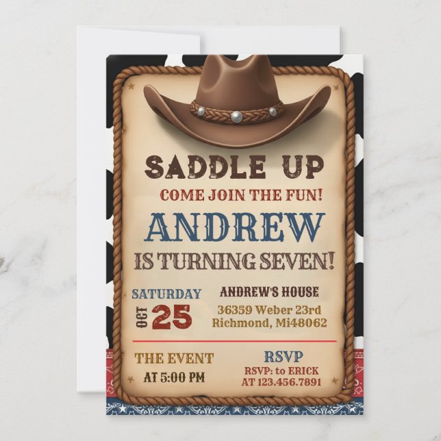 Personal Country Wild West Cowboy Birthday Einladung (Vorderseite)