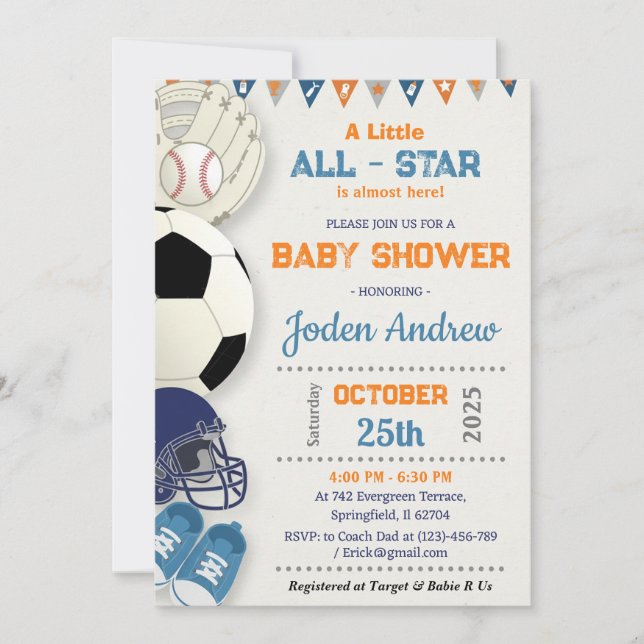 Personal Little All- Star Sport Baby shower Einladung (Vorderseite)