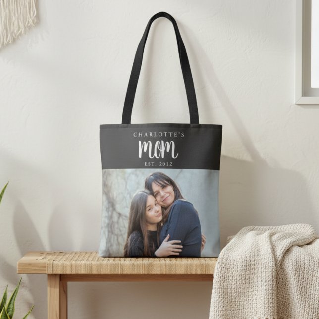Personal Mom Established from Child Photo Name (modern minimal black tote bag gift for mothers day from kids teen to mom with name and year est.)