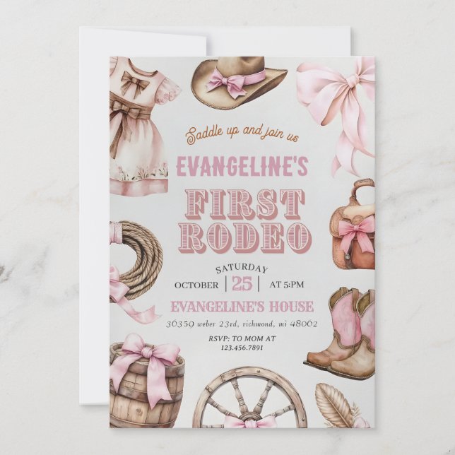 Personal Pink First Rodeo Cowgirl Birthday Einladung (Vorderseite)