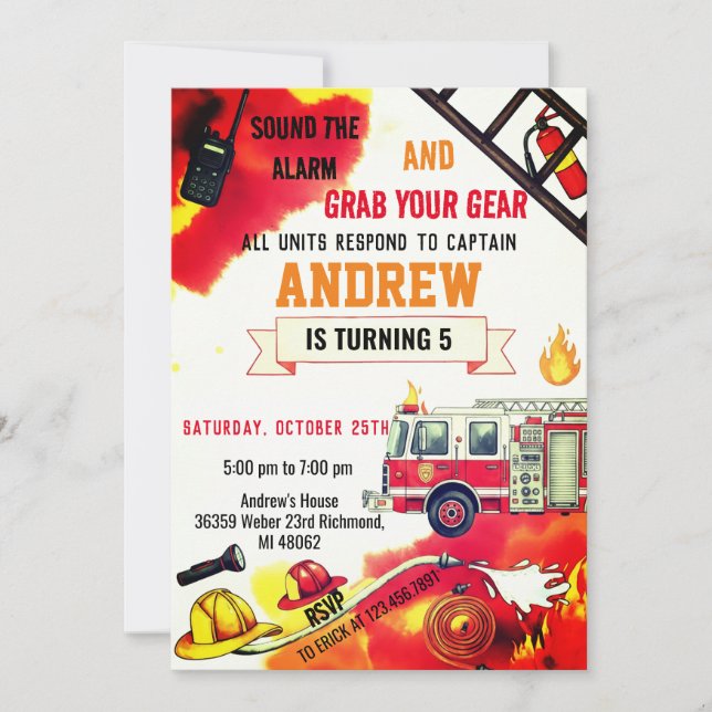 Personal Red Fire Truck Birthday Party Invitations Einladung (Vorderseite)