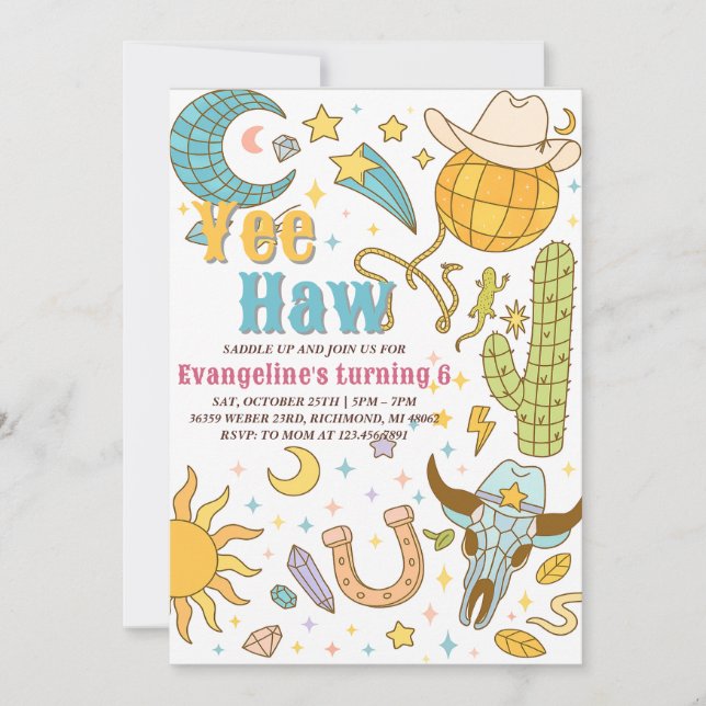 Personal Retro Space Yew Haw Cowgirl Birthday Einladung (Vorderseite)