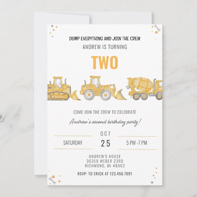 Personal Simple Construction Birthday Party Invita Einladung (Vorderseite)