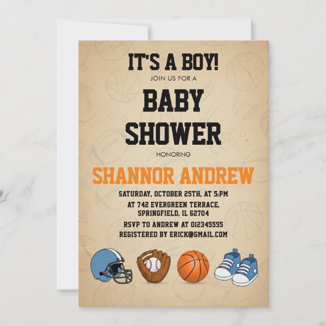 Personal Simple Sports Themed Baby Shower for boy Einladung (Vorderseite)