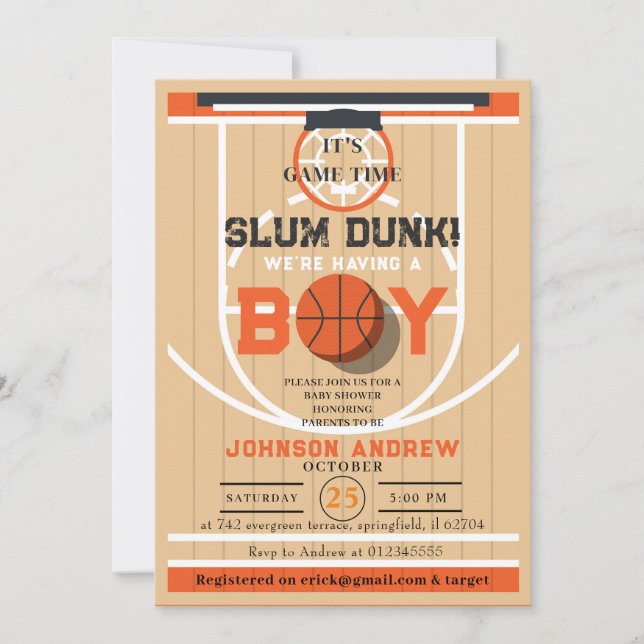 Personal Slumdunk Basketball Baby Dusche Einladung (Vorderseite)