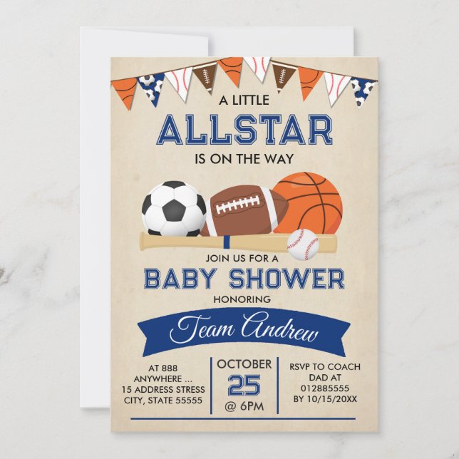 Personal Sports Baby Dusche Einladung Allstar (Vorderseite)
