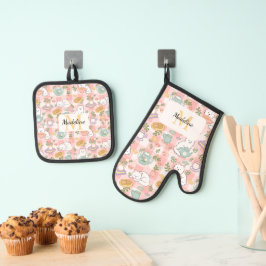 Personal Tea Monogram Oven Pink Gingham Pastel Cat Ofenhandschuh & Topflappen-Set