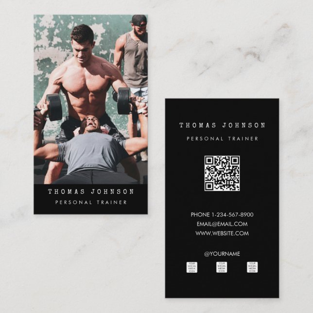 Personal Trainer Fitness Foto QR Code Schwarz Visitenkarte (Vorne/Hinten)
