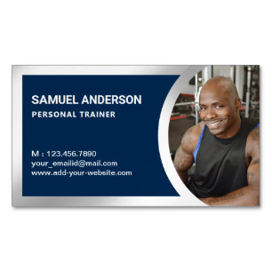 Personal Trainer Foto für Navy Blue Silver Fitness Magnetische Visitenkarte