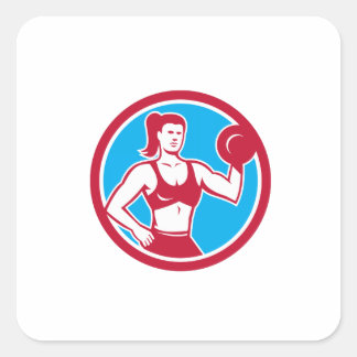 Personal Trainer Weibliche, die den Dumbell-Kreis Quadratischer Aufkleber