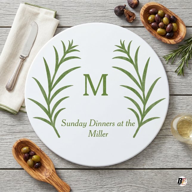 Personaler grüner botanischer Kranz Monogramm rund Schneidebrett (#mother'sday)