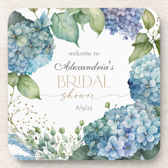 Personalise Bridal Shower Blue Hydrangeas Welcome Getränkeuntersetzer (Vorderseite)