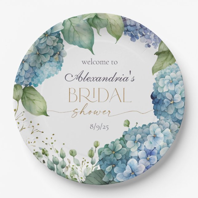 Personalise Bridal Shower Blue Hydrangeas Welcome Pappteller (Vorderseite)
