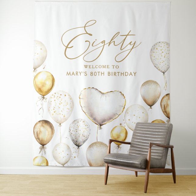 Personalised 80th Birthday Script Gold Balloon Wandteppich (Beispiel)