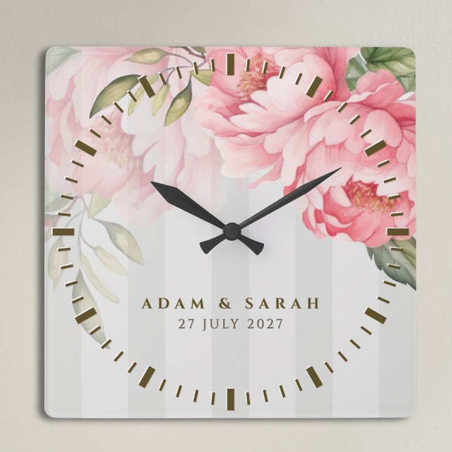 Personalised Blush Peony Wedding Gift for Couple Quadratische Wanduhr (Von Creator hochgeladen)