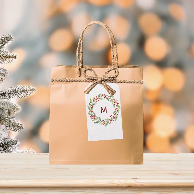 Personalised Christmas Monogram Red-Berry Wreath Geschenkanhänger (Holly & Ivy Wreath Gift Tag)