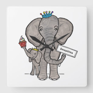 Personalised Cute Elephant and Baby Quadratische Wanduhr