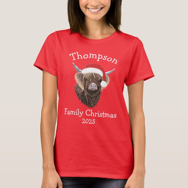 Personalised Family Christmas Highland Cow T-Shirt (Vorderseite)