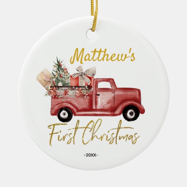 Personalised First Christmas Baby Boy Red Truck Keramik Ornament (Vorne)