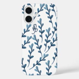 Personalised Initial Blue Leaf Watercolor Pattern iPhone 16 Hülle