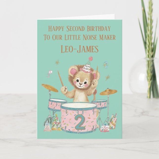 Personalised Lion Playing Drums 2nd Birthday Card Karte (Vorderseite)