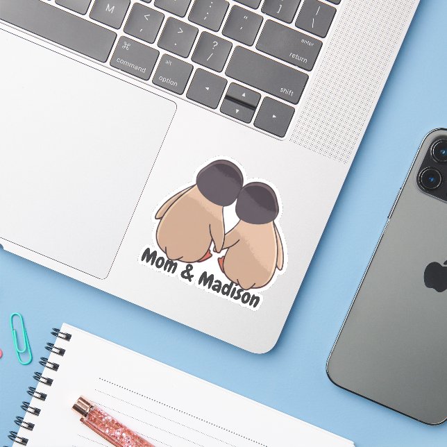 Personalised Mom & Daughter Cute Penguin Sticker (Laptop mit iPhone)