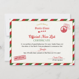 Personalised Official Nice List Certificate Santa Einladung