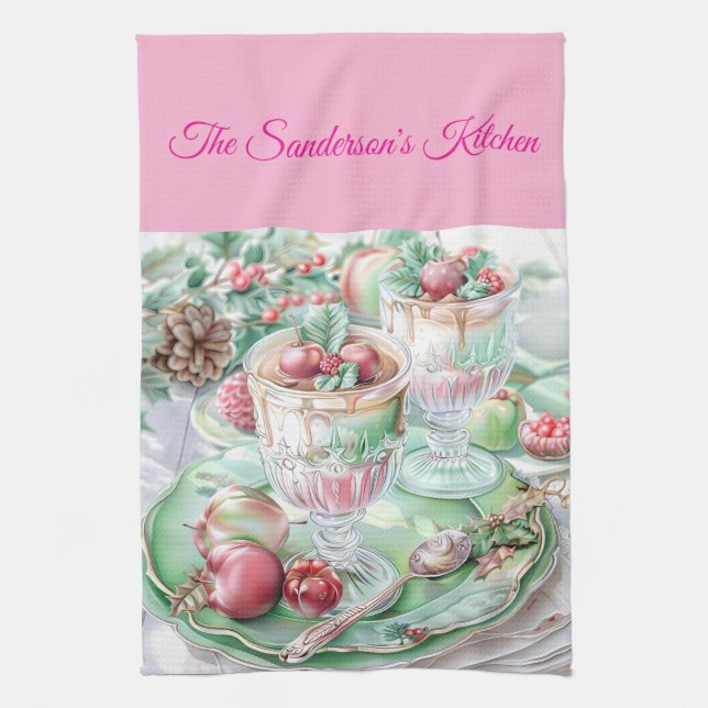 Personalised Pastel Pink & Green Christmas Kitchen Geschirrtuch (Vertikal)
