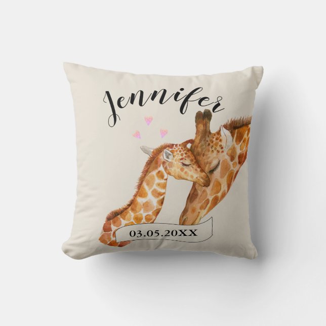 Personalisierbar Giraffe Mama & Baby Name Kissen (Vorderseite)
