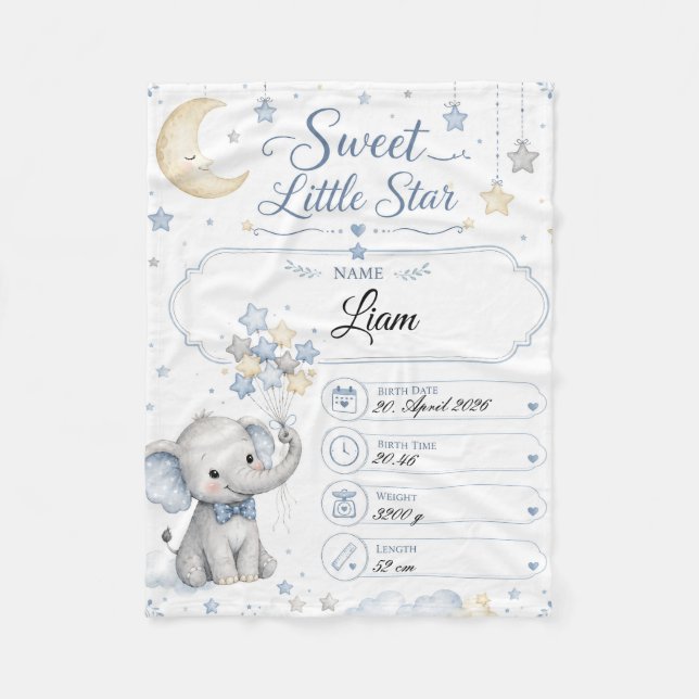 Personalisierbare Baby Geburtstafel mit Elefant  Fleecedecke (Vorderseite)