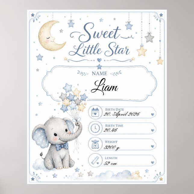 Personalisierbare Baby Geburtstafel mit Elefant  Poster (Vorne)