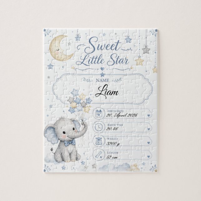 Personalisierbare Baby Geburtstafel mit Elefant  Puzzle (Vertikal)
