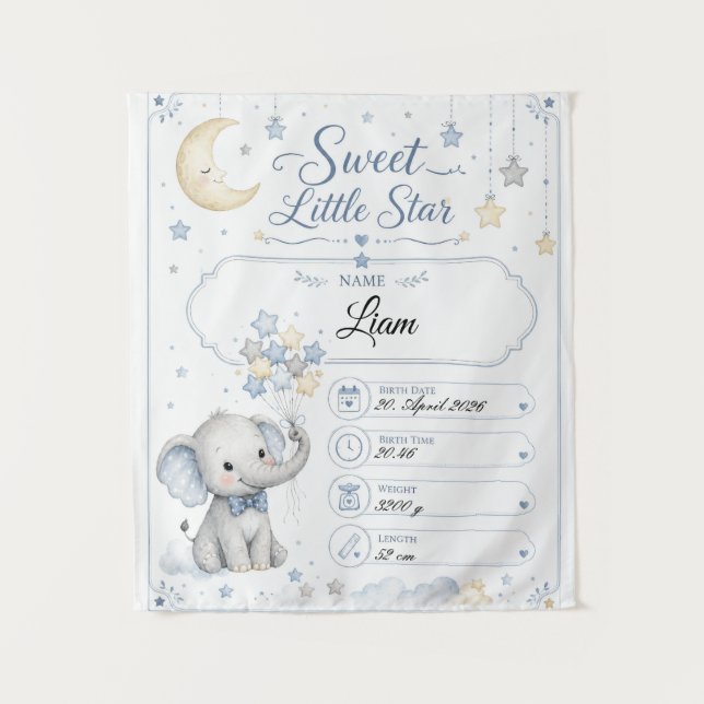 Personalisierbare Baby Geburtstafel mit Elefant  Wandteppich (Vorderseite)