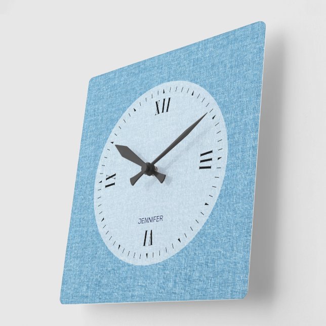 personalisierbare Light Blue Imitats Linen Print Quadratische Wanduhr (Winkel)