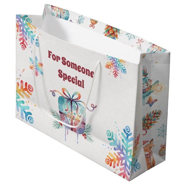 Personalisierbare Weihnachts-Wasserfarben-Waldtier Große Geschenktüte (Vorderseite Schrägansicht)
