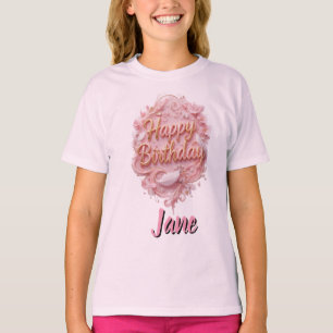 Personalisierbares rosa Blumen-Happy-Birthday-T-Sh T-Shirt
