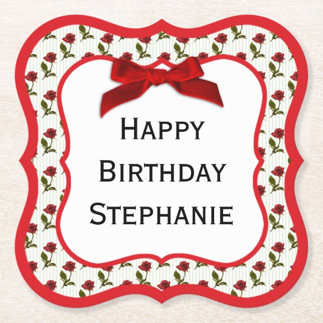 Personalisiere: Happy Birthday Rote Rosen Muster Untersetzer (Vorderseite)